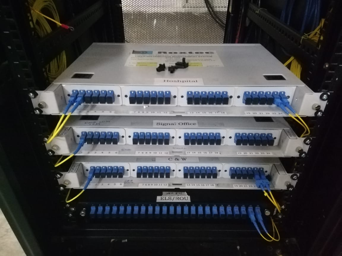 Fiber distribution panels labeled for railway departments