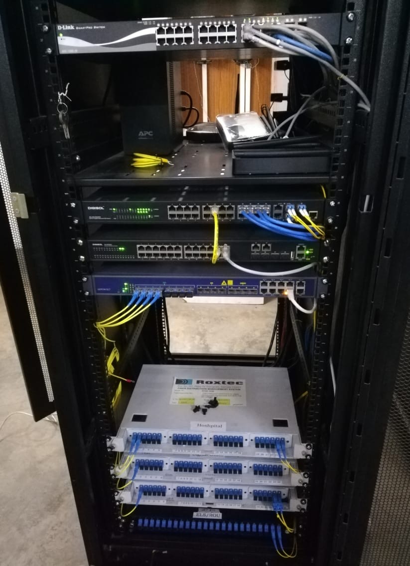 Full network rack with switches, UPS, GEPON OLT and fiber panels