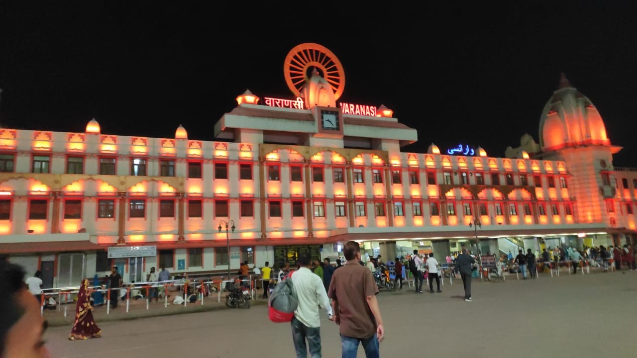 Varanasi railway station facade at night